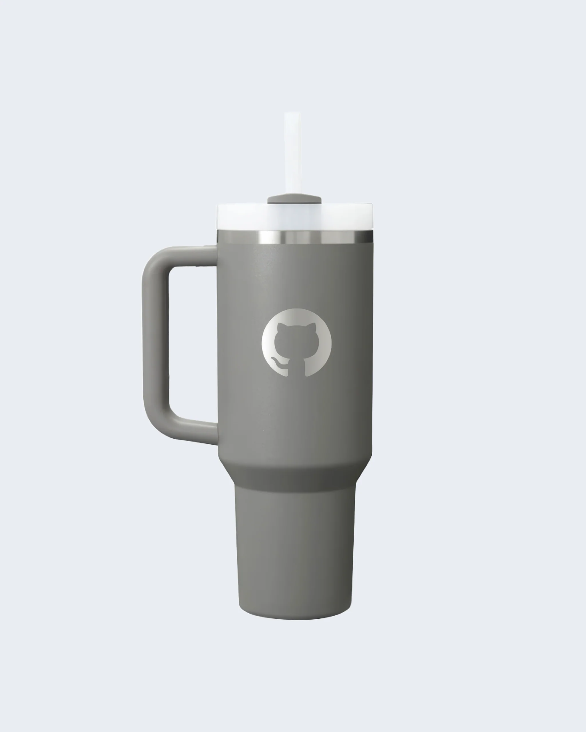 Stanley tumbler in Gray with handle, reusable straw, and etched GitHub Invertocat logo on the front.
#color:grey