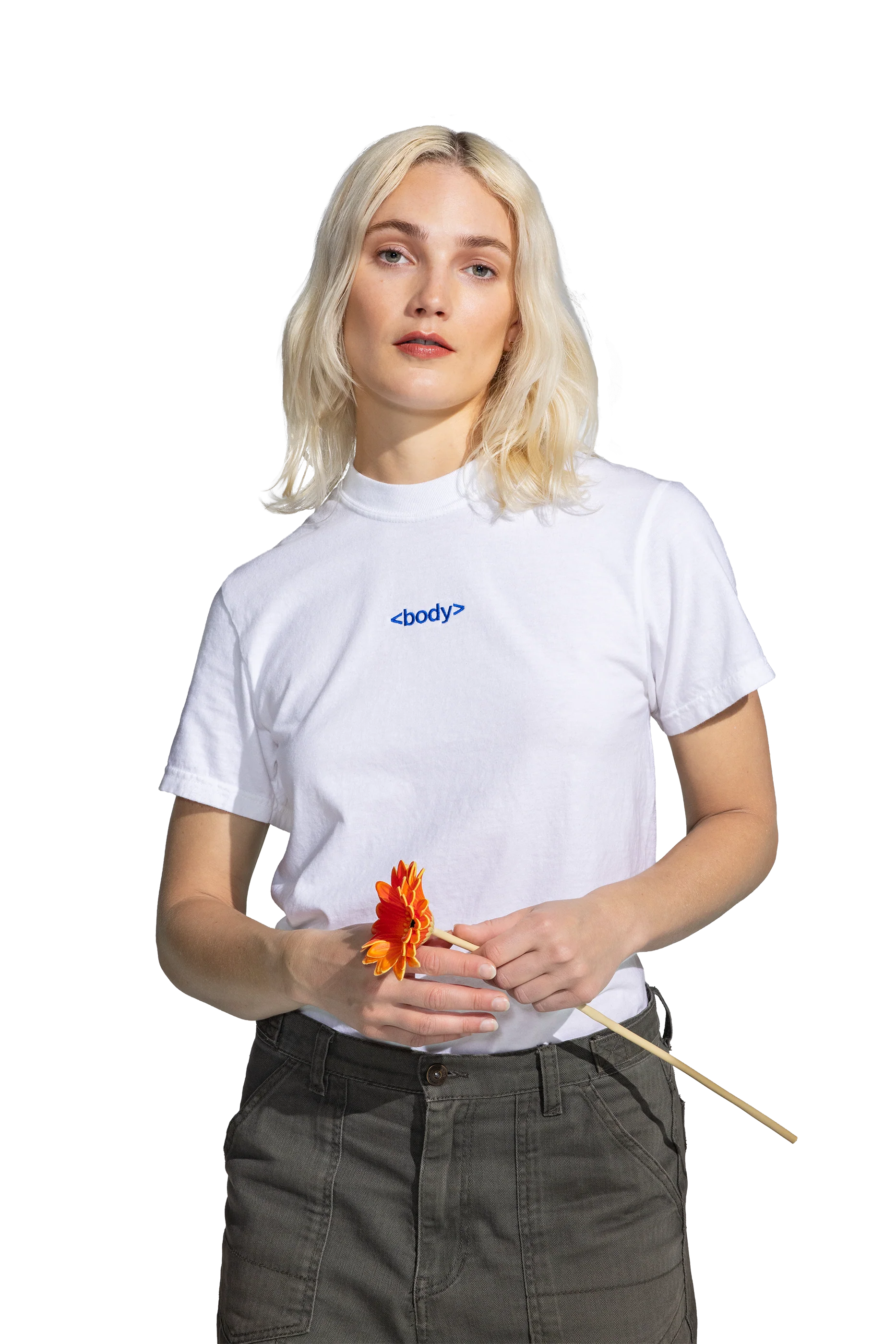 Woman model wearing white body tee and holding flower
