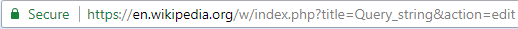 An address bar on Google Chrome showing a URL (Uniform Resource Locator) with the query string title=Query_string&action=edit