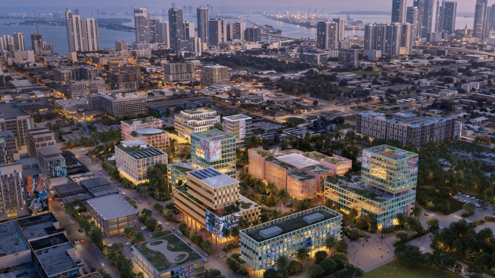 Aerial view rendering of a modern business district at dusk, with illuminated office buildings, roads, and landscaped green spaces in the foreground and a distant city skyline.