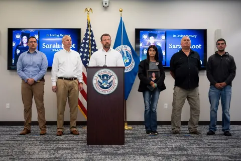 Secretary Mullin holds a press conference with (from left to right) HSI Des Moines Assistant Special Agent in Charge Eric Cardiel, Senator Pete Ricketts, Sarah Root’s mother Michelle, Sarah’s father Scott, and Sarah’s brother Scott