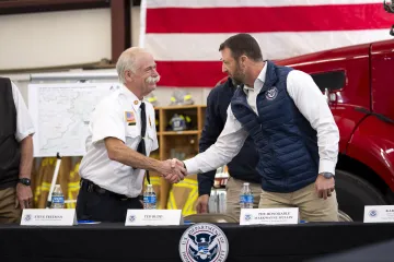 Caption: Secretary of Homeland Security Markwayne Mullin participates in a roundtable with state and local officials in Bat Cave, North Carolina, April 7, 2026. (DHS photo by Tia Dufour)