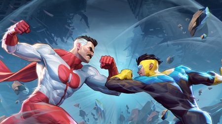 Hero art for Invincible VS Showing Omni-Man and Invincible clashing