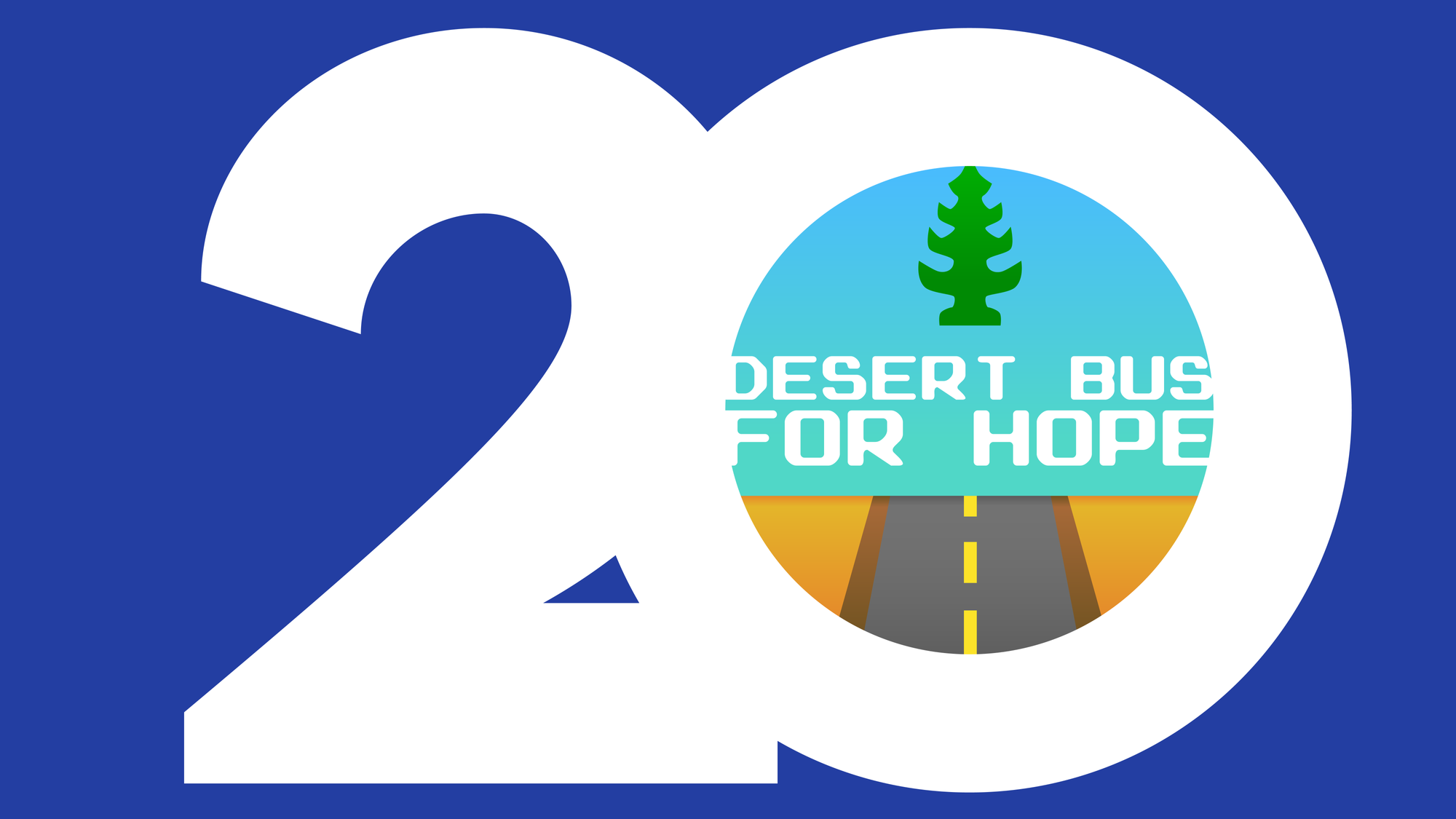 The Desert Bus 20 logo celebrating the twentieth run. It is a large White 20 centered on a blue background, with the Desert Bus for Hope logo in the center of the zero.