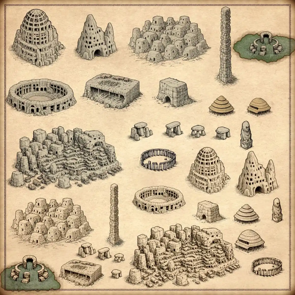 Stone age fantasy map assets, prehistoric, vintage cartography assets, Wonderdraft assets, volcanoes, waterfalls, geysers, jungle