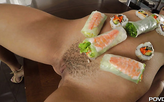 Alexis Tae serves rolls and sushi on her tight Latina body - POV