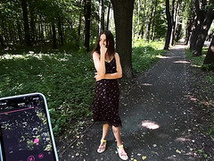 Teeny walks with remote toy in her cucci and sucks big cock in Public