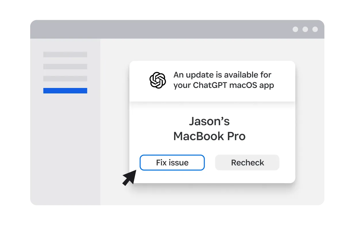 Device trust alert showing an available update for the ChatGPT macOS app on a MacBook, with options to fix or recheck.