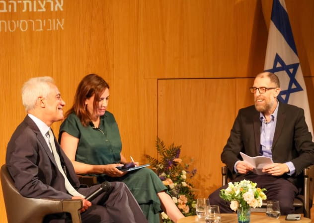 Rahm Emanuel, left, speaks with Yael Sternhell and Yoav Fromer during an event at Tel Aviv University, July 8, 2026. 