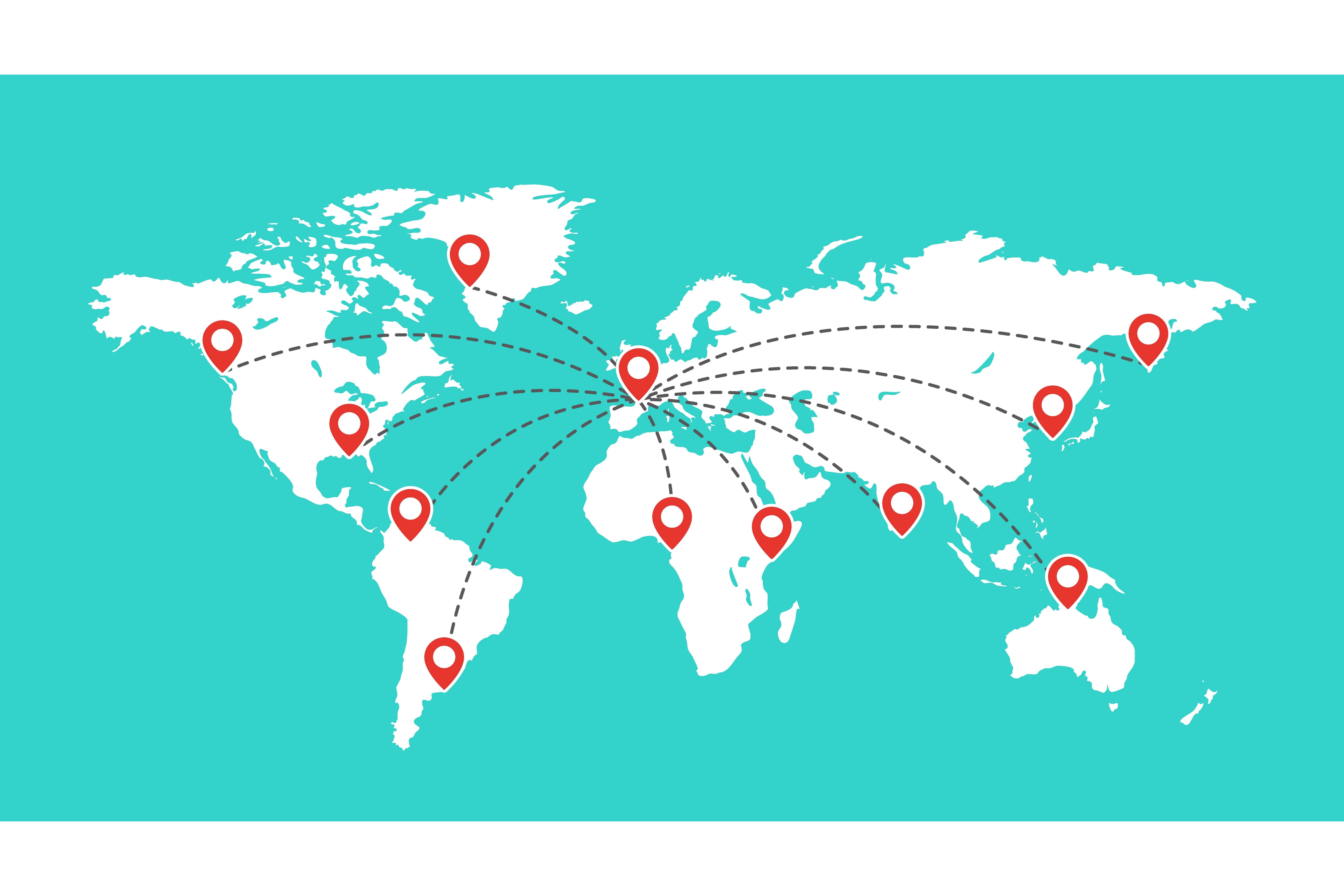 World map with location pins and dotted lines connecting various countries, indicating a network or global connections