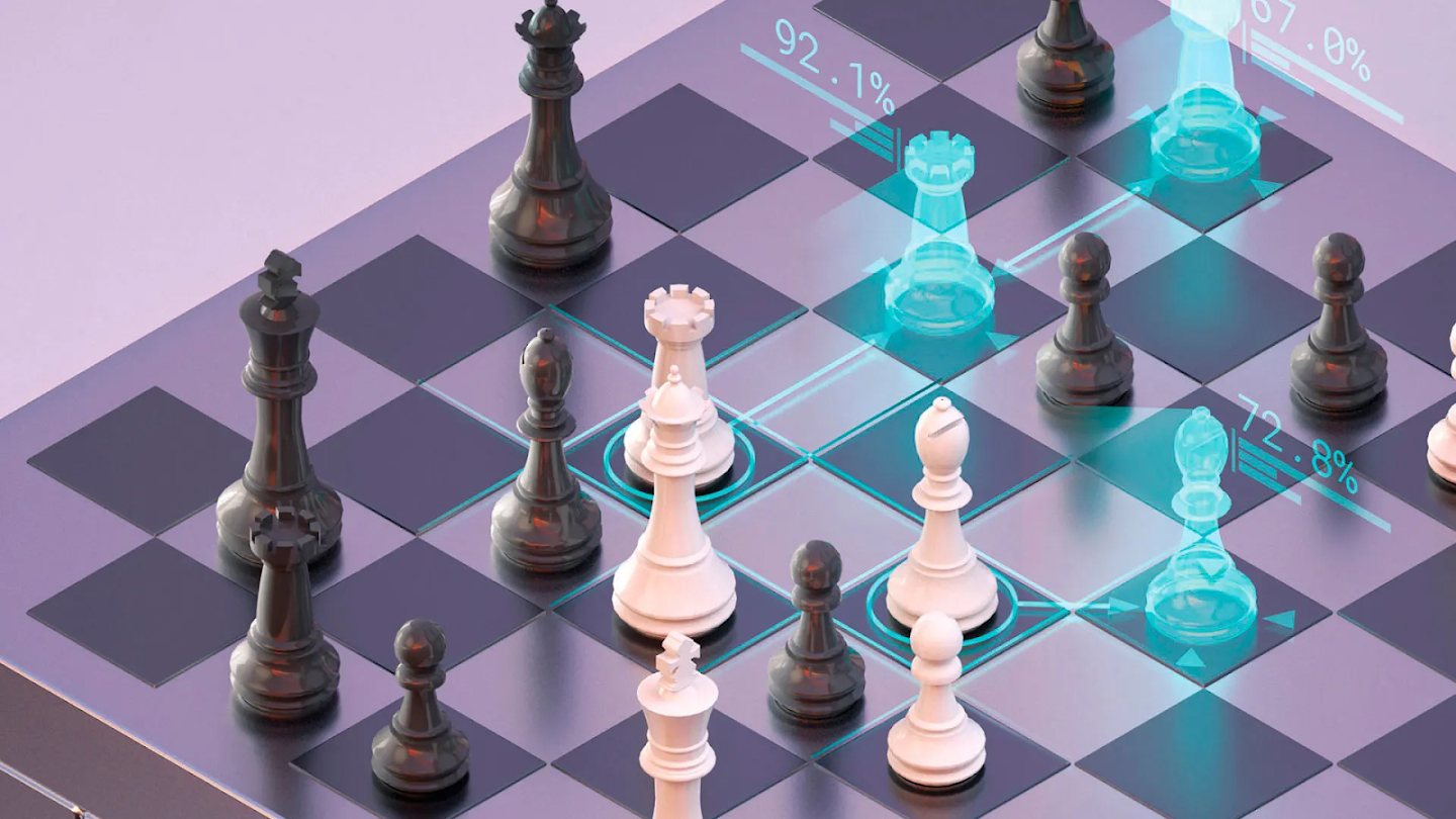A 3D rendering of a chessboard with glowing blue holographic overlays, arrows, and percentages representing AlphaZero analyzing potential moves.