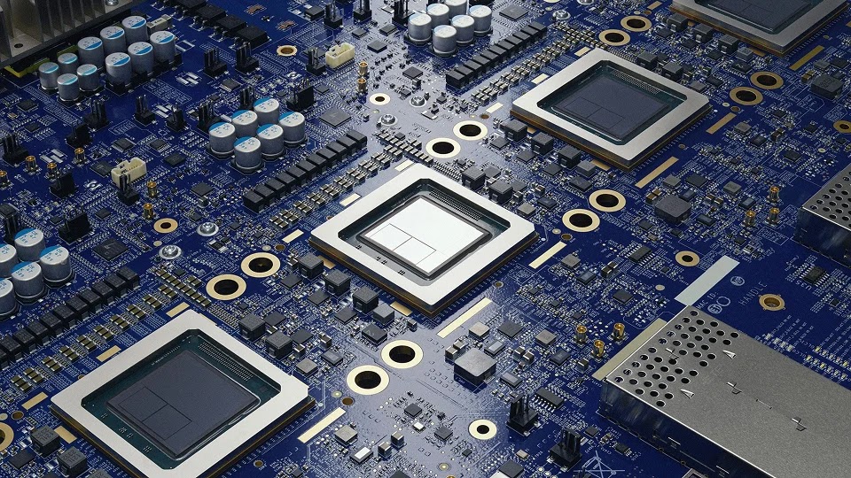 A high-angle close-up of a complex blue printed circuit board populated with multiple large, square microchip processors, rows of smaller surface-mount components, silver cylindrical capacitors, and metallic shielding, representing modern computing hardware.