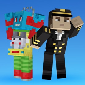 2 人の Minecraft キャラクターが、1 人はカラフルなロボット コスチュームに身を包み、もう 1 人は船長の装いで青い背景の前にいる。