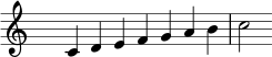 
    \relative c' {
        \clef treble \time 7/4 \hide Staff.TimeSignature
        c4 d e f g a b c2
    }
