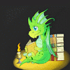 glinda: a cartoon dragon reading a book by flickering candlelight (reading dragon)