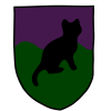 the_network: Black silhouette of a cat on a field of dark green on the bottom and dark purple on the top, in the shape of a shield. (Network 2)