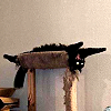 passingbuzzards: Black cat prostrate on cat tree (cat: demon scream cat)