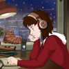 ravensilversea: A Lo-Fi version of me writing at desk and wearing headphones. Nightime cityscape and a tabby cat are visible in the background (Default)