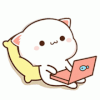 bluelander: Cute cartoon cat mashing keys aimlessly, staring into the distance with a blissful smile (Peach typing)