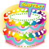 subtext: A big shiny fabulous rainbow cake, labeled "subtext." (the subtext cake)