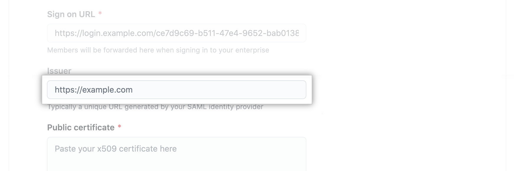Text field for SAML IdP's issuer URL