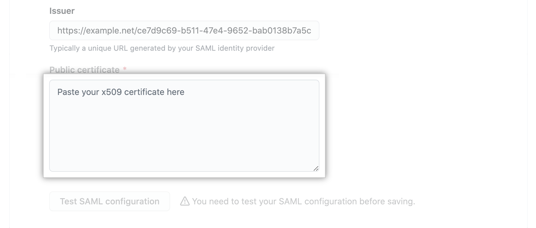 Text field for SAML IdP's public certificate