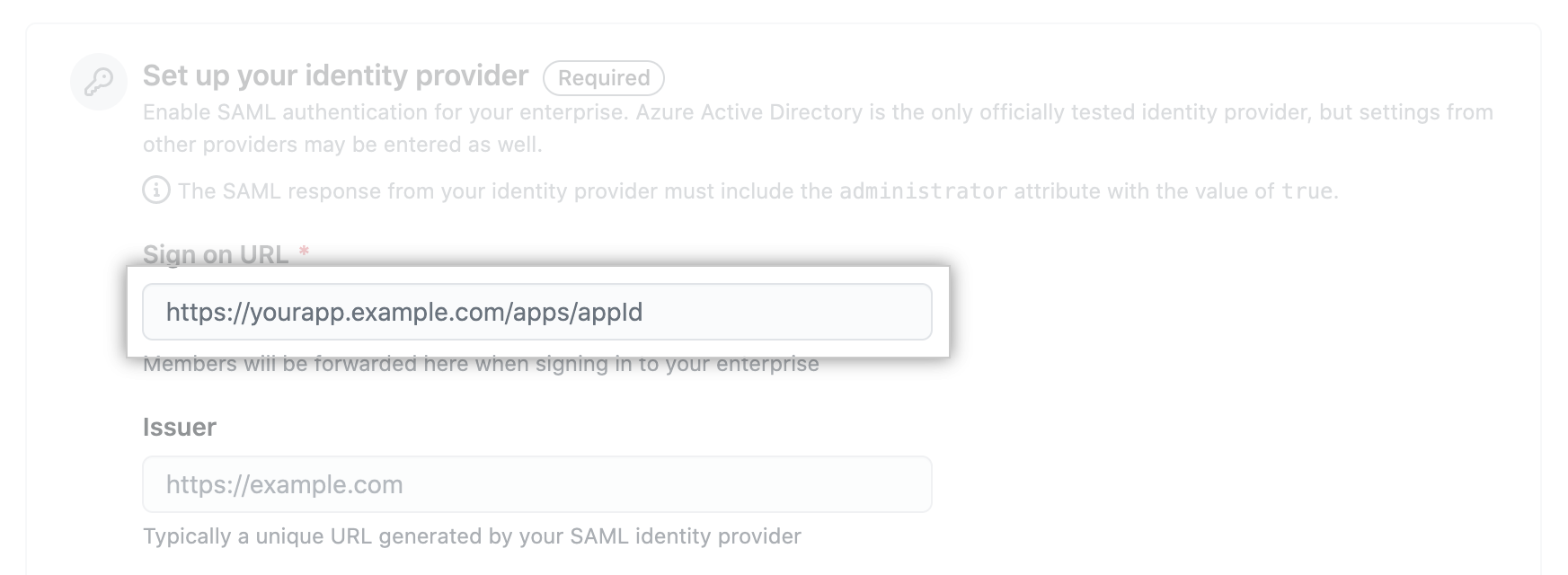 Text field for SAML IdP's sign-on URL