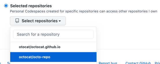 Menu suspenso "Repositórios selecionados"