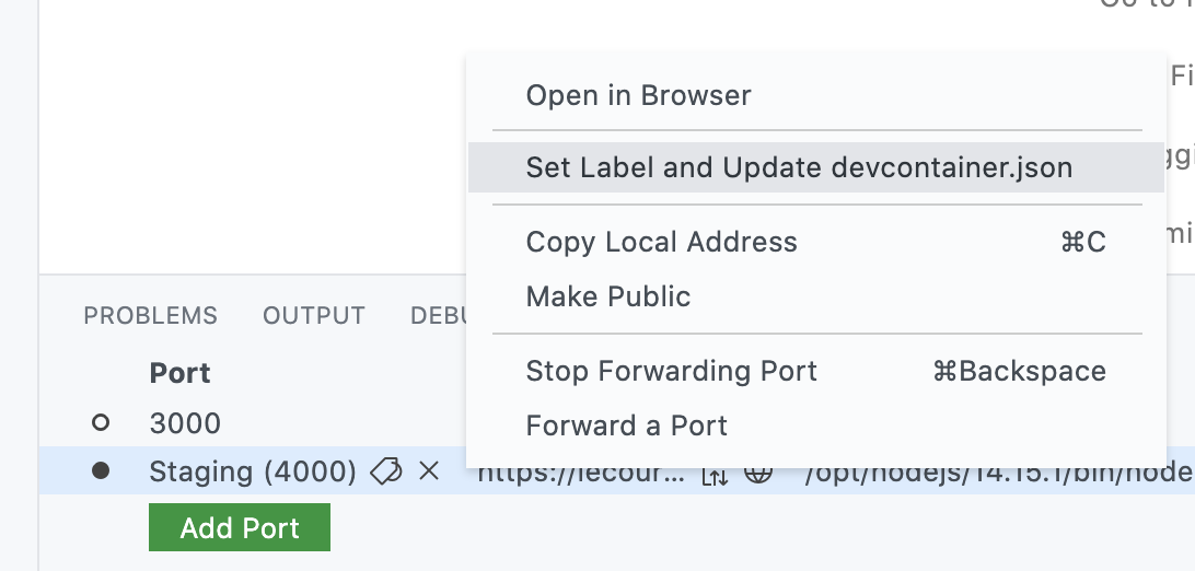 Opção para definir a etiqueta e adicionar a porta ao devcontainer.json no menu com o clique no botão direito
